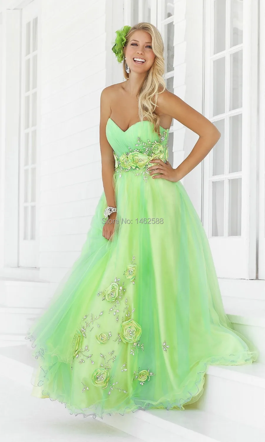 Sweetheart Handmade Flower Corset Back Lime Green Prom Dress Ball Gown