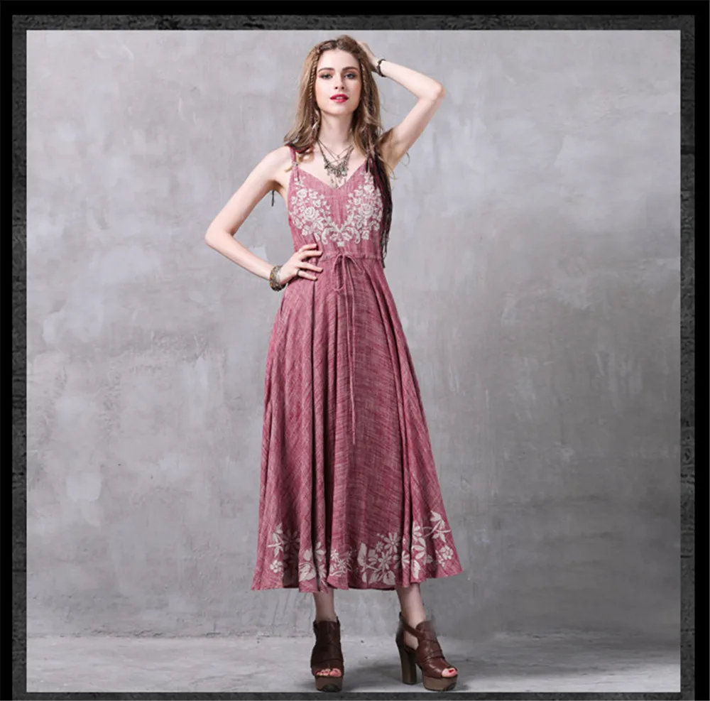 Spaghetti Strap Summer Long Dress 2017 Vintage Embroidery Vestidos Sleeveless Summer Style Tank Dress Femininos Party Dresses (8)