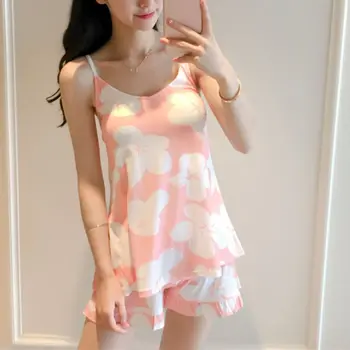 

2018 Cute Print Women Pajama Suit Spaghetti Strap V-neck Sleeveless Women Summer Night Camis Shorts Set for Ladies Female