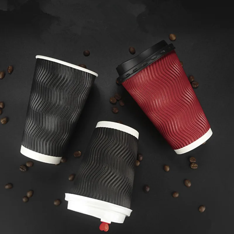 

50pcs Double layer insulation and anti-scalding disposable coffee cup red black hot drink takeaway packaging cups with lid