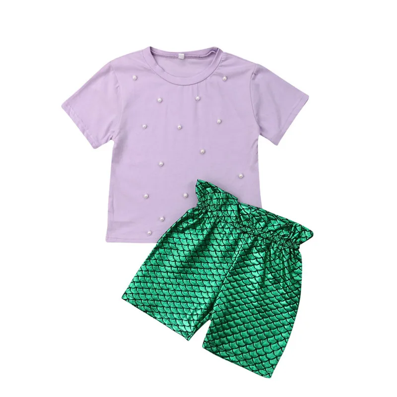 

2-7T Girls Clothes Set Solid Purple T-Shirt For Girls Imitation Pearls T Shirt Girls Tops Green Fish Scale Shorts Pant Girls Set