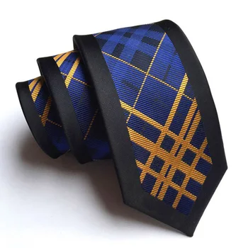 

6cm Unique Skinny Tie Designer Panel Necktie Black Border with Blue Orange Yellow Stripes Plaids