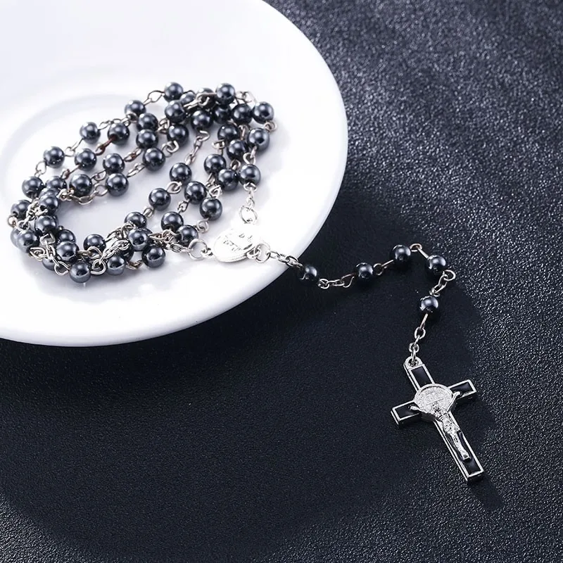 

2019 new hematite rosaries beads long chain necklaces men women Prayer rosary catholic chotk jesus christ cross pendant jewelry