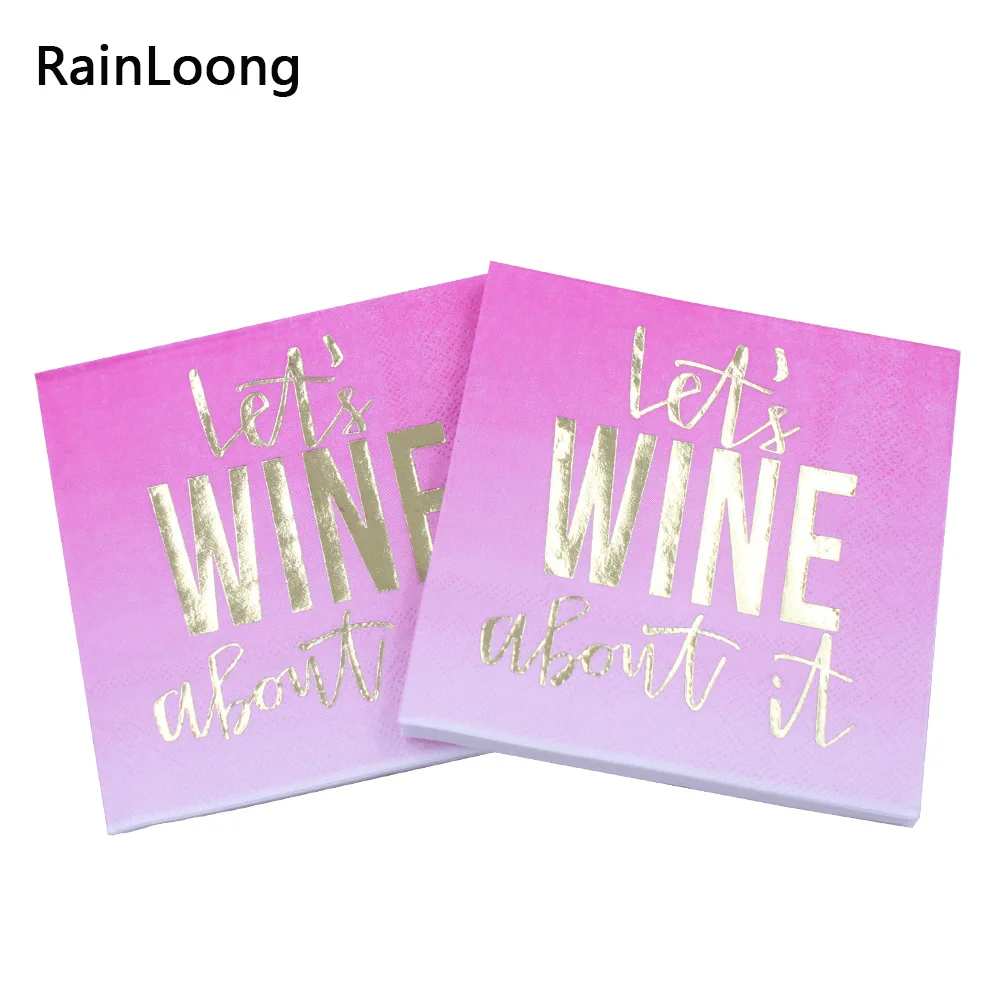 

[RainLoong] 3-Plys Foil Gold Beverage Paper Napkin Let's Wine About It For Party Decoration Supply Tissue Serviettes 25*25cm