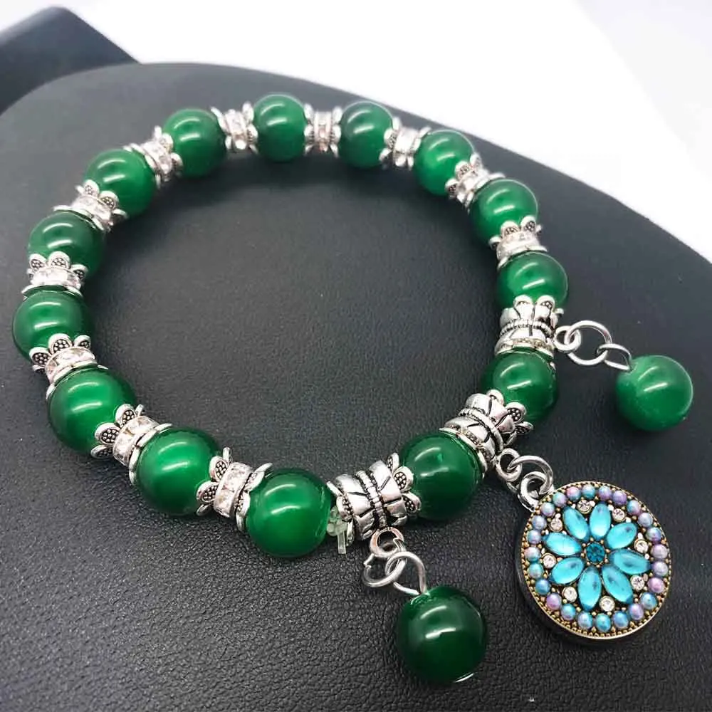 

Fashion Rhinestones 163 Natural Stone 18mm Snap Button Bracelets Bangle For Women Tiger Eyes Agates Beaded Yoga Charms Bracelet