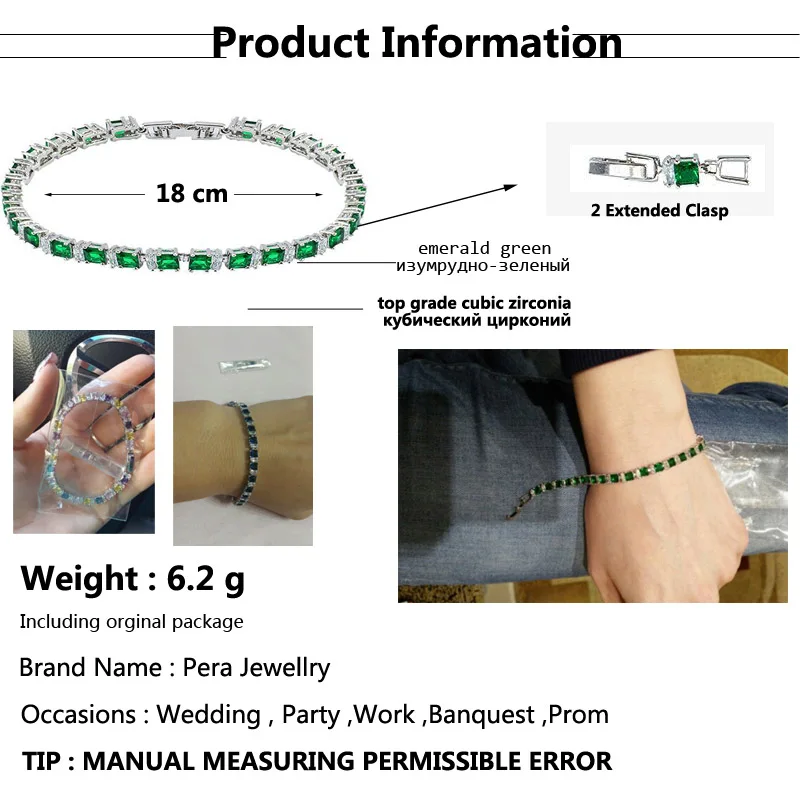 Pera 8 вариантов цветов квадратный создан зеленый хрустальный камень браслет для дам 925 пробы серебро для женщин Свадебные украшения B023