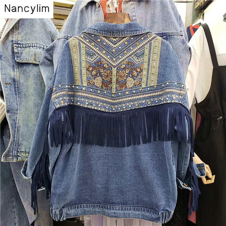 

Heavy Embroidery Rivet Jeans Jacket Female Spring and Autumn 2019 Popular New Loose Denim Jackets Coats Women Loose Coats