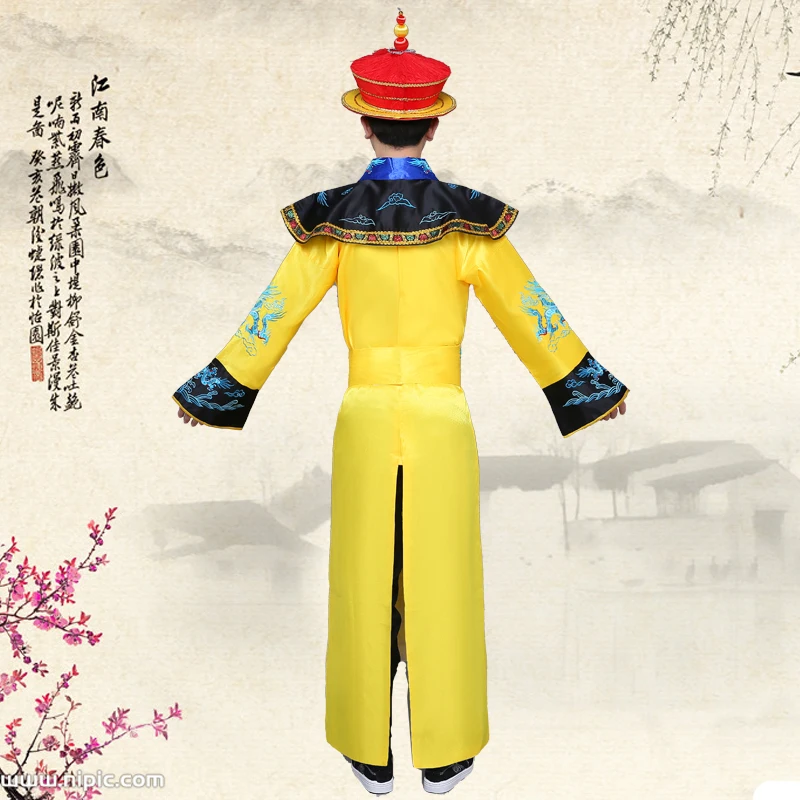Шоу сцены мужской Китайский народный танец одежда Мужской фильм и ТВ Костюм шапка императора костюм династии Цин платье с драконами