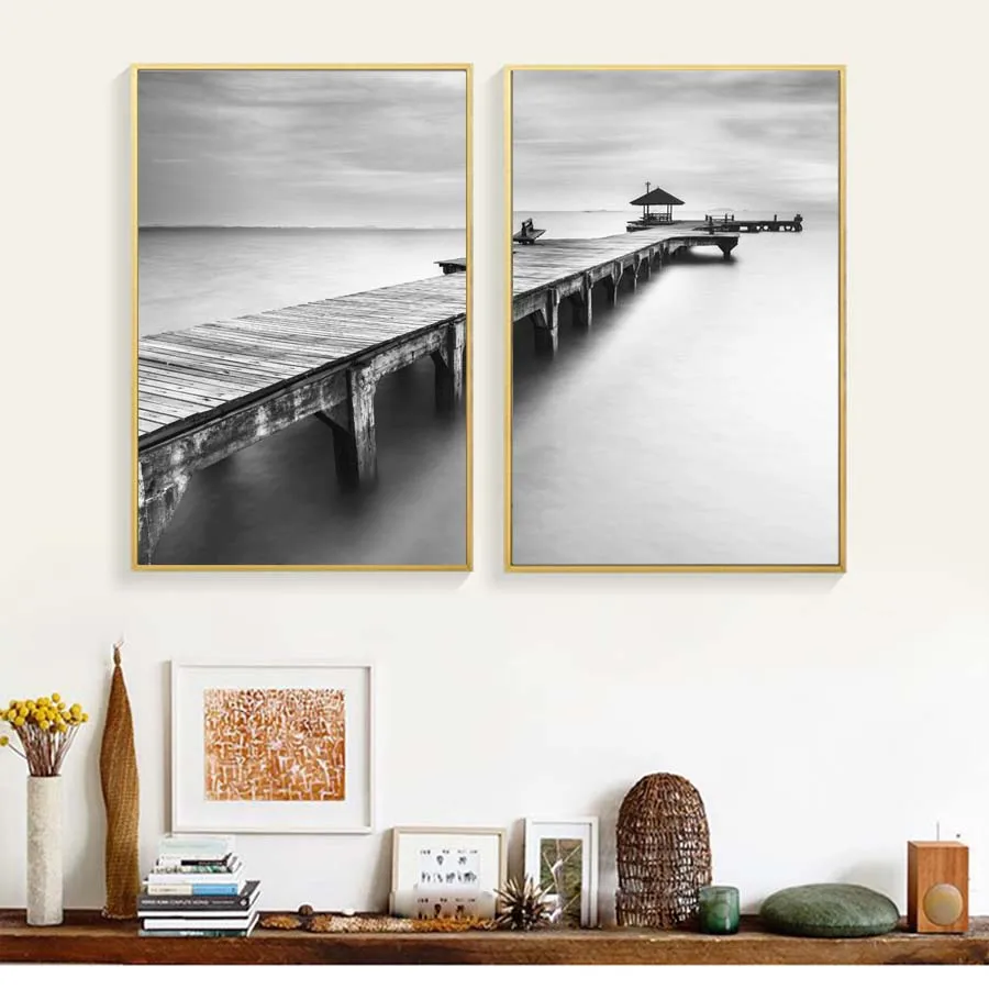 Black White Modular Sea Scenery Posters & Prints Nordic Bridge Canvas Painting On The Wall Decoration For House Wall Art Picture (5)