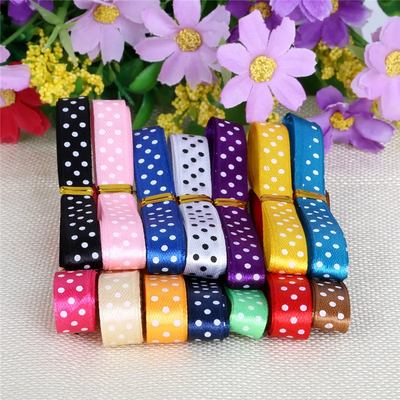 

New 12yards/lot 10mm(3/8") Random Color Glitter Dot Satin Ribbon Printed Polyester Ribbons Webbing for Sewing Craft Accessories