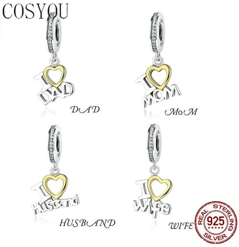 

COSYOU 100% 925 Sterling Silver I Love MOM Heart Pendants fit for beads bracelets & necklace women Fine Jewelry girl gift SCC049