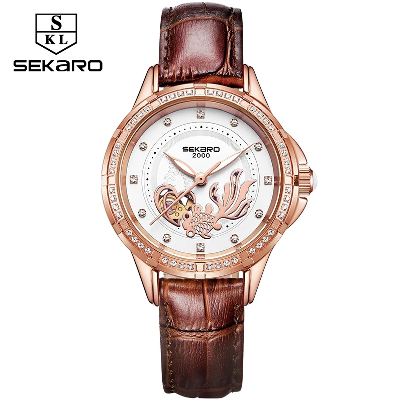 SEKARO керамические женские механические часы лучший бренд Роскошные женские блестящие платья скелет рыбы дизайнерские часы Relogio Feminino - Цвет: Brown Belt