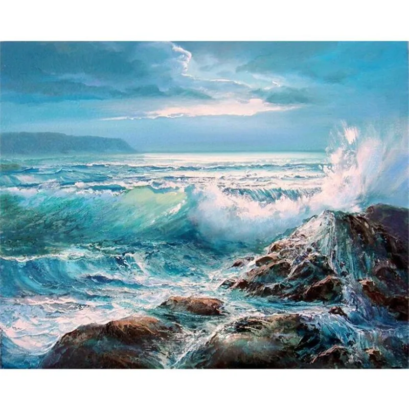Newest Ocean Waves DIY Framed Oil Painting By Numbers Flowers Pictures