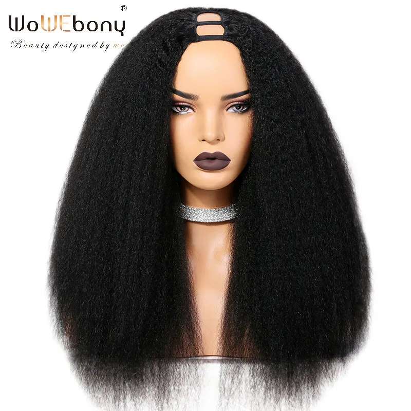 

Kinky Straight U Part Wig Human Hair Wigs Brazilian Remy Hair Italian Yaki Middle Part Wigs Full End WoWEbony