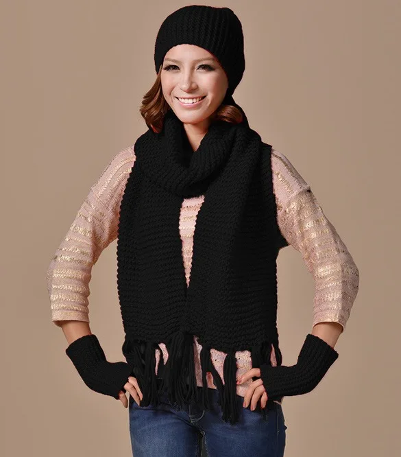 3 шт. женская модная шляпа + шарф + перчатки/комплект зимние уличные женские теплые шарфы шерстяные вязанные шапки перчатки