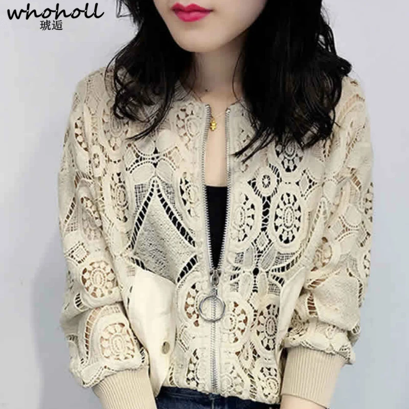 

WHOHOLL Womens Casual Bomber Jackets Ladies Lace Floral Jacket Long Sleeve Basic Jacket Female Hollow Out Sunproof Coats 39096