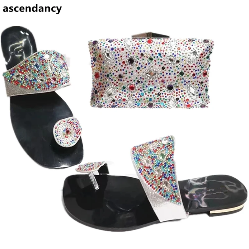 New Arrival Nigerian Women Wedding Shoes and Bag Set Decorated with Rhinestone Italian Shoes and Bag Set Party Shoes and Bag Set