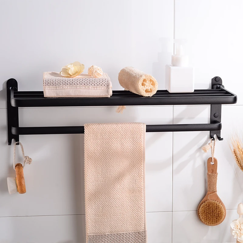 Towel Rack Hanging Holder Foldable Aluminum Bathroom Shelves with Hook Single Towel Bar Black Wall Mounted Corner Shelf Storage