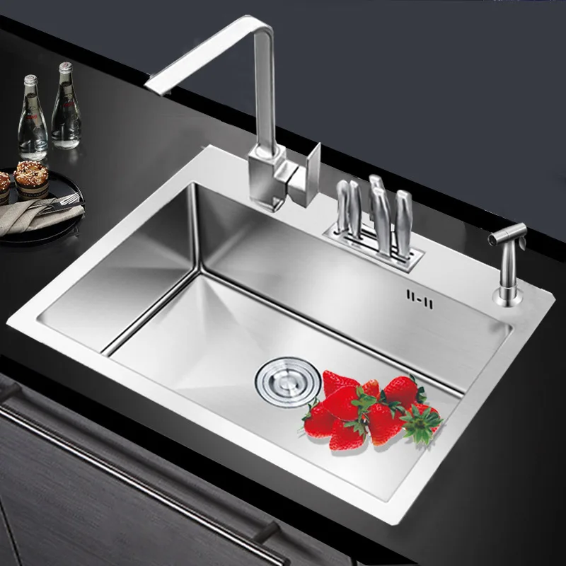 

Manual sink single bowl tank kitchen thickened 304 stainless steel dishwash basin faucet set table with knife holder Undermount