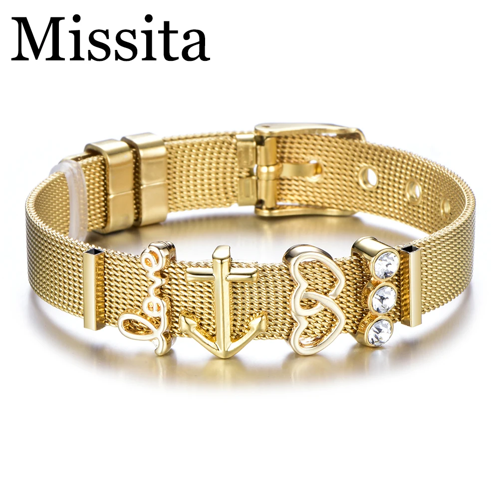 

Cuteeco Love Gold Color Stainless Steel Mesh Bracelet Set Gold Love Heart Charm Pan Bracelet Bangle for Woman Jewelry Gifts