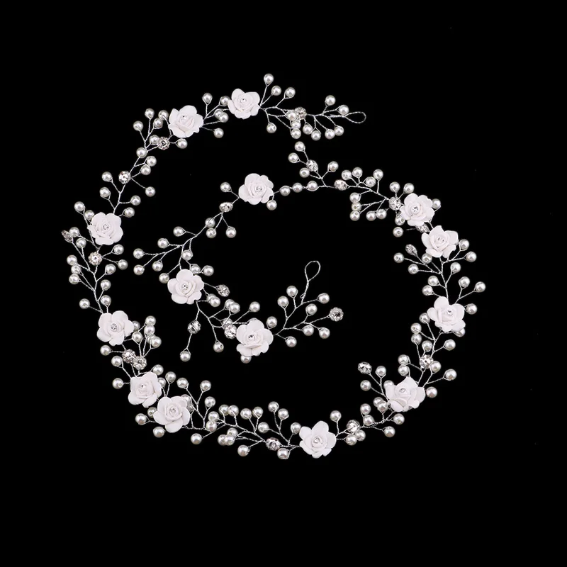 

88-90cm Long Ceramic Flower Crystal Headband Hairband Noiva Bride Tiaras Diadem Headpiece Wedding Bridal Hair Accessories SL