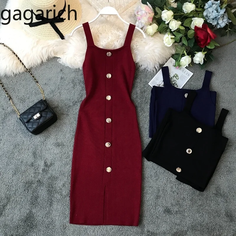 

Gagarich Women Sexy Dress 2019 Spaghetti Strap O-neck Button Design Split Solid Dress Summer Stretch Vestidos De Fiesta