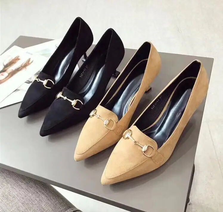 

Fast delivery 2019 new arrival women shoes high heel pointed toe sheep suede metal decoration fashion OL causal shoes