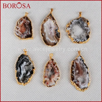 

BOROSA Gold SIlver Color Bezel Natural Color Natural Onyx Druzy Drusy Stone Geode Slice Pendants for Necklace Making G0088/S0088