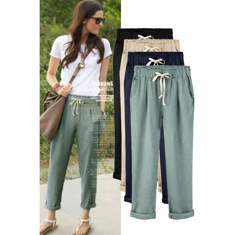 2018 Linen Pant Casual Womens Cotton Linen Elastic Waist Trousers ...