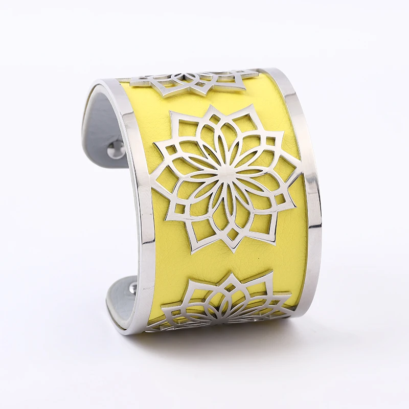 

Flower Cuff Bracelets For Women Bijoux Silver Bangles Bracelets Manchette Femme Charm Reversible Leather Stainless Steel Jewelry