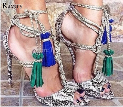 

Ravryy 2018 Color Patcwork Snakeskin Shoe Fashion Peep Toe Comfortable Pumps Flock Shallow Lace-Up Sitletto Heels h
