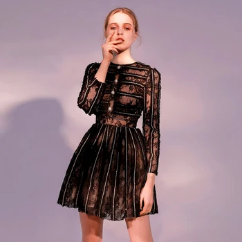 

Vintage Black Beading Floral Lace Mini Dress Women 2020 Summer Elegant Brand Designed Striped Female Party Dresses Clothes