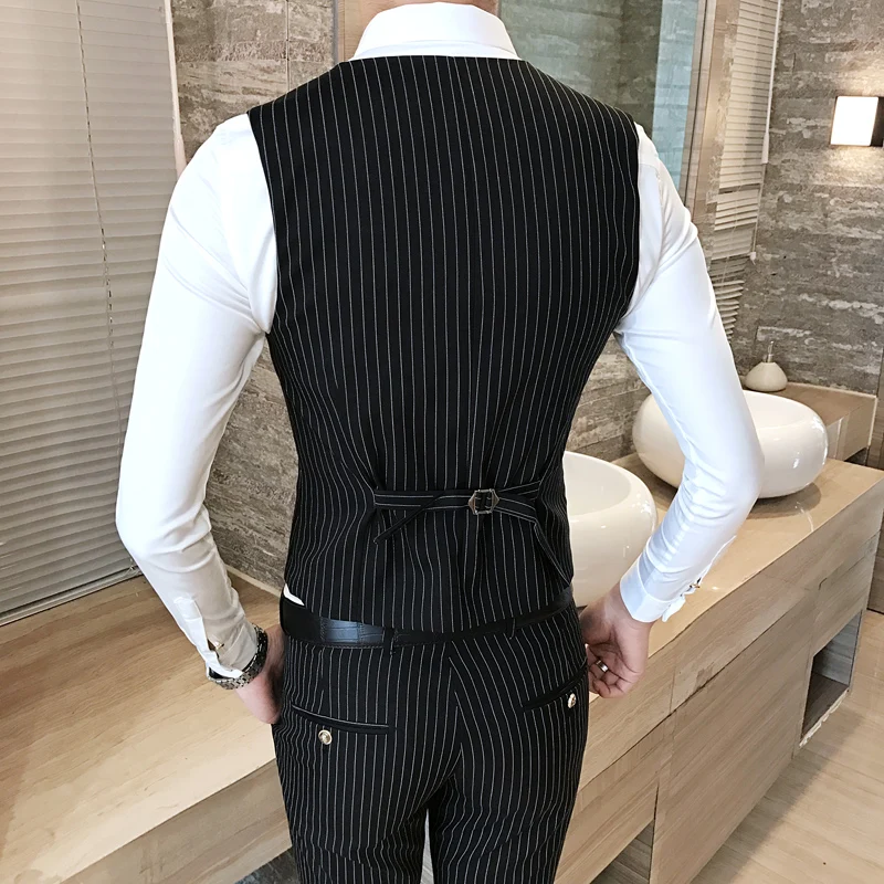 2019 Classic Black Stripes Men Vests Business Banquet Wedding Men Suit Vest  Black Blue Fashion Casual Waistcoat Man