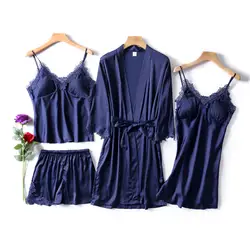 Пикантные 4 шт. женские халат и платье наборы для ухода за кожей КРУЖЕВНОЙ ХАЛАТ четыре пижамы Шелковый Комплект домашний
