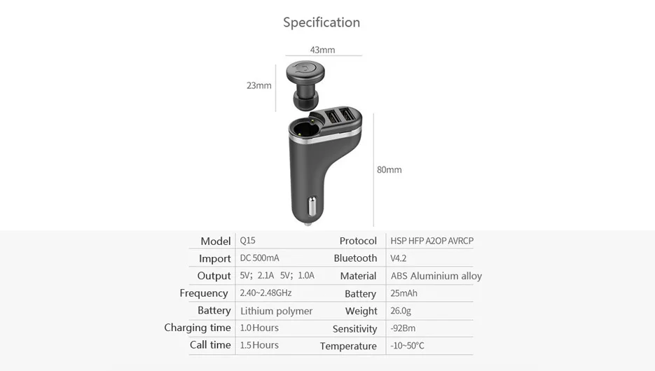 Q15A 2 в 1 Автомобильное зарядное устройство Беспроводная bluetooth-гарнитура двойной USB выход порты Быстрая зарядка телефон автомобильное