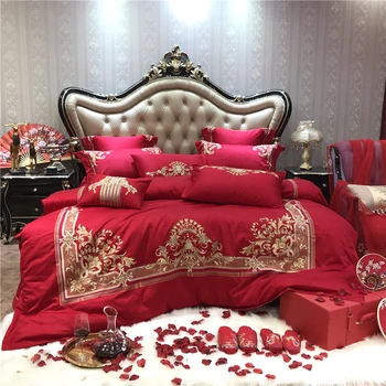 

Red with gold embroidery Bedding Sets king Size Quilt Cover Bed Sheet Pillowcase Bed Cover Set for wedding Bed Linen 4/6/9pcs