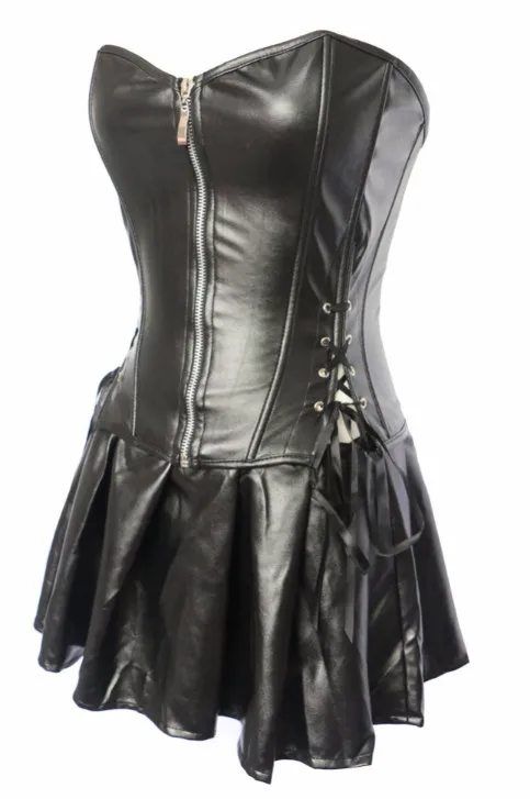 New Female Sexy Mistress Leather Front Zip Boned Corset Bustier with Hollow Out and Skirt Fetish Wear