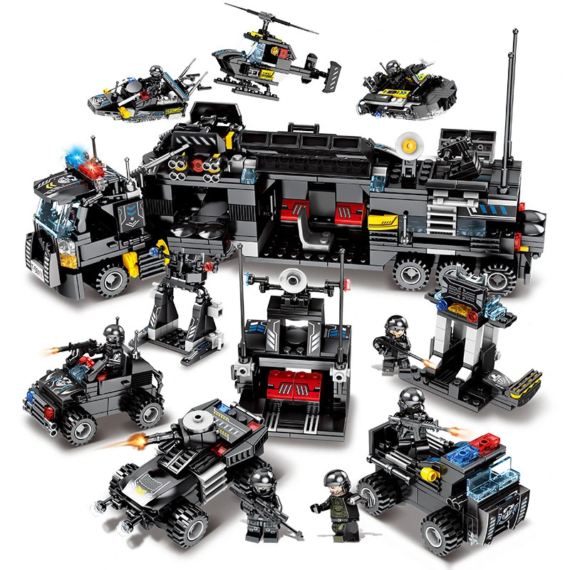 

8 in 1 695Pcs Police Series Eagle Forces SWAT Truck Ship Helicopter Vehicle Building Blocks Bricks Play Mobi Toys For Children