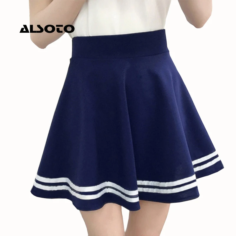 

Women Skirts High Waist Chic Striped Stitching Skirt Student Elastic Waist Pleated Skirt Women Cute Sweet Girls Dance Skirt