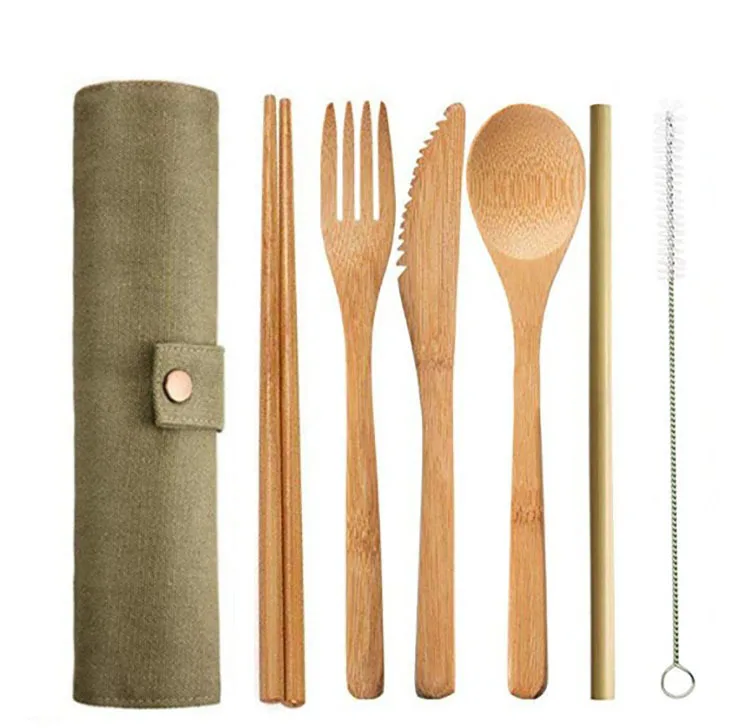 

Wooden Flatware Cutlery Set Reusable Bamboo Straw Set with Cloth Bag Knives Fork Spoon Chopsticks Brush Travel Dropshipping