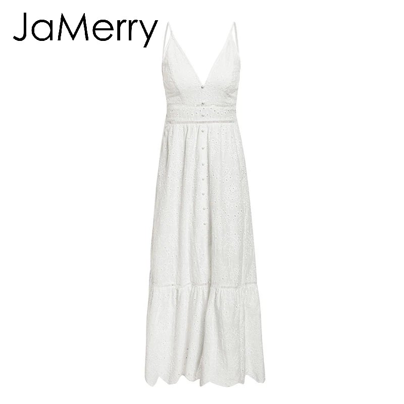 JaMerry, богемное, с вышивкой, белое, сексуальное, кружевное, женское, летнее, макси платье, на тонких бретелях, хлопковые платья, праздничные, вечерние, длинные, vestidos - Цвет: Белый