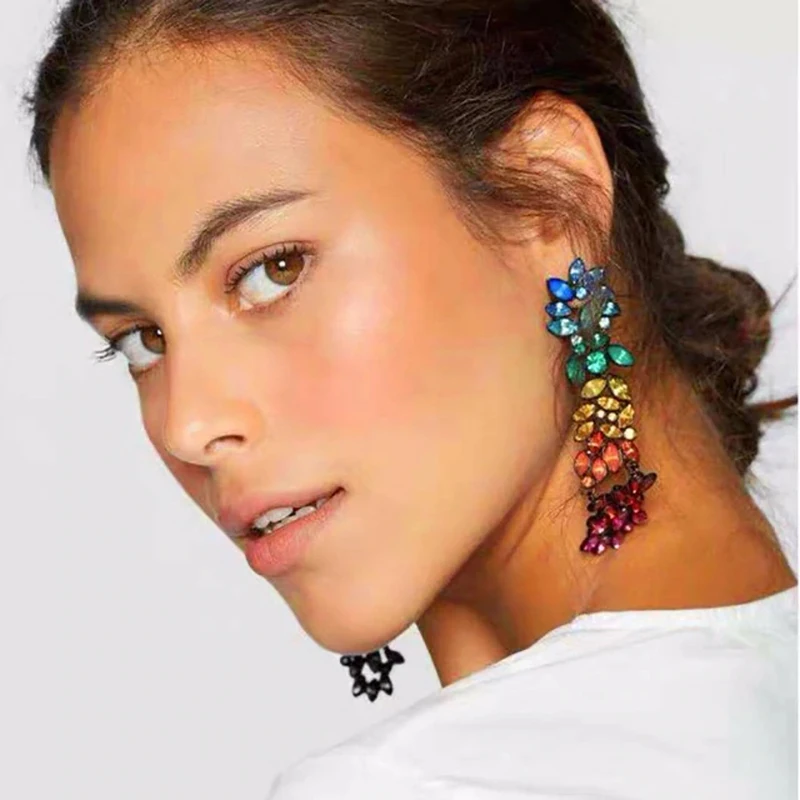 

AENSOA Handmade Colorful Crystal Flowers Big Long Statement Earrings Women Gems Drop Earrings Wedding Bridal Party Jewelry Gift