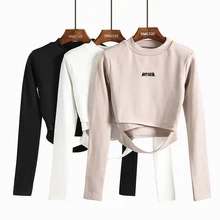 Новинка, модные футболки с вышитыми буквами, женские футболки с длинным рукавом, с вырезами на талии, с перекрещивающимися вырезами, Короткие футболки, повседневные тонкие футболки s