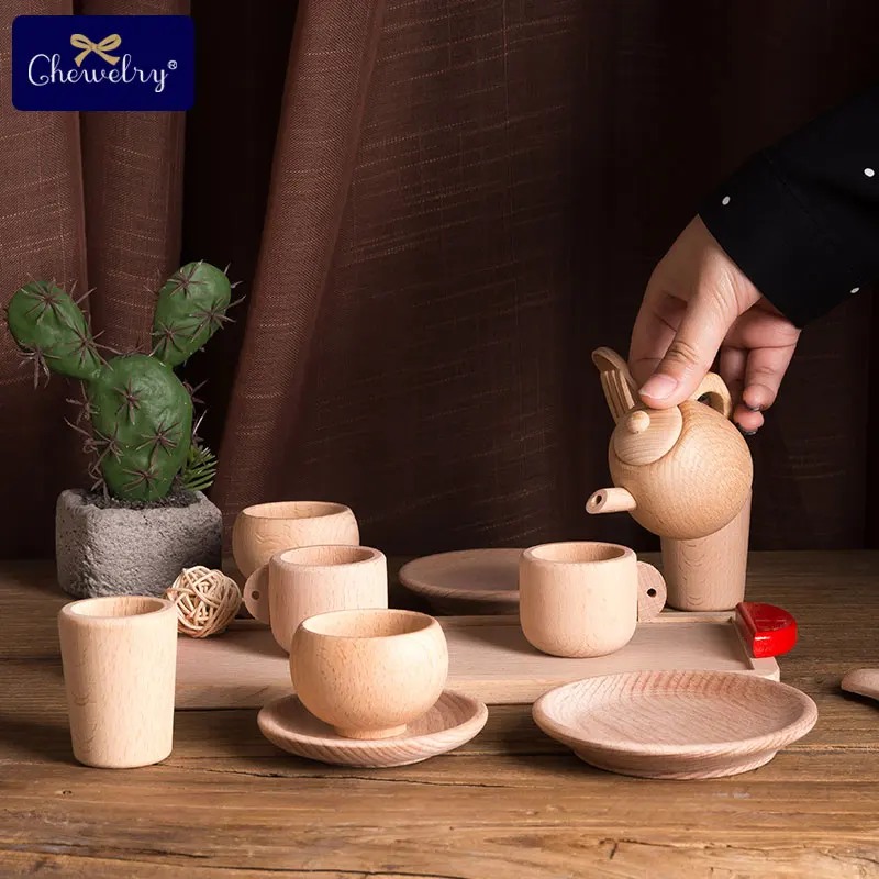 

Pretend Play Kitchen Toys Wooden Tableware Toy Beech Wooden Simulation Kitchen Tableware Tea Pot Tea Cups Playing Wooden Toys