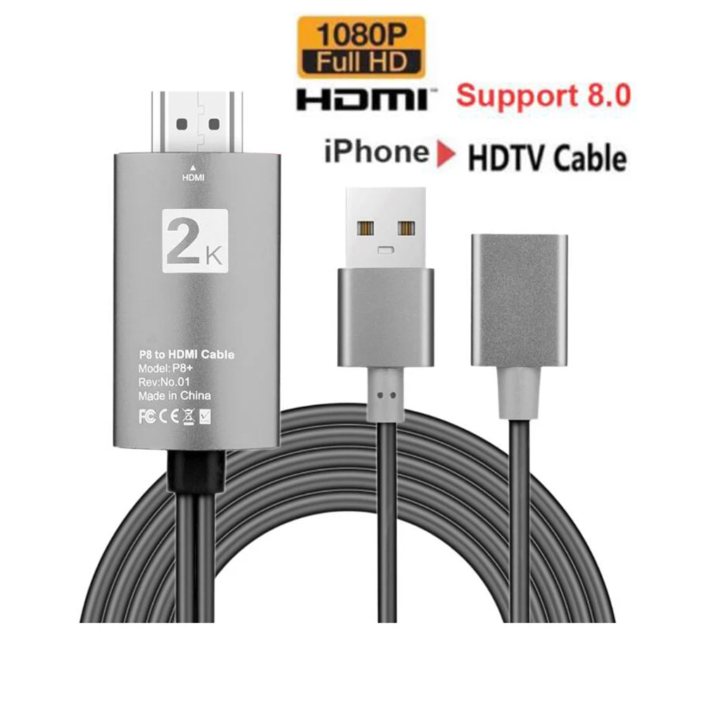 2 м USB для быстрой зарядки к HDMI кабель HDTV цифровой av-адаптер 1080P Smart для Apple iPhone 8 plus 7plus 6S плюс 5S iPad для IOS и Andriod для проектора