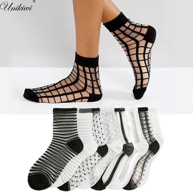 

UNIKIWI Women's Black White Grids Striped Transparent Socks.Harajuku Lady Polka Dot Crystal Glass Silk Art Socks Thin Sox Meias