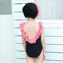 Ins для маленьких девочек цветок V-back Цельный купальник детей+ крышка младенческой малыша дети черный купальный костюм Купальники