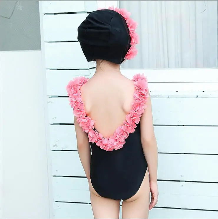 

ins baby girls flower V-back one piece swimsuit children +cap infant toddler kids little black bathing suit swimwear