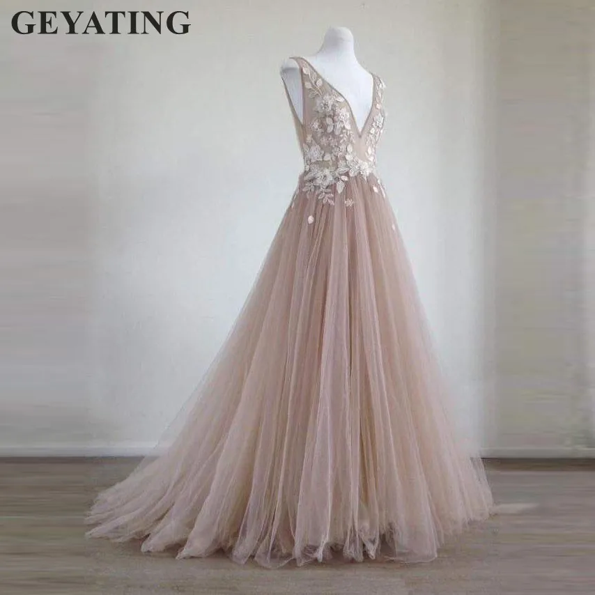 

Blush Pink 3D Flower Long Evening Dress 2019 Sexy V-neck Lace Appliques Tulle Formal Prom Dresses Party Gowns Robe De Soiree
