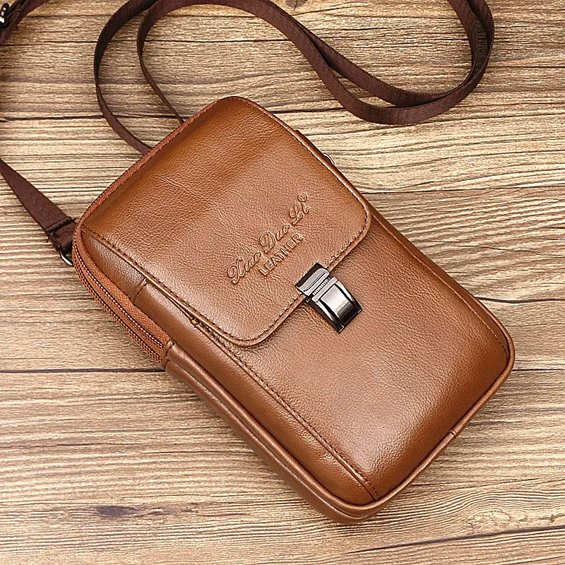 Men Genuine Leather Flap Solid Color Multifunction Crossbody Phone Pouch High Quality  Mobile Phone Credit Card Storage Bags